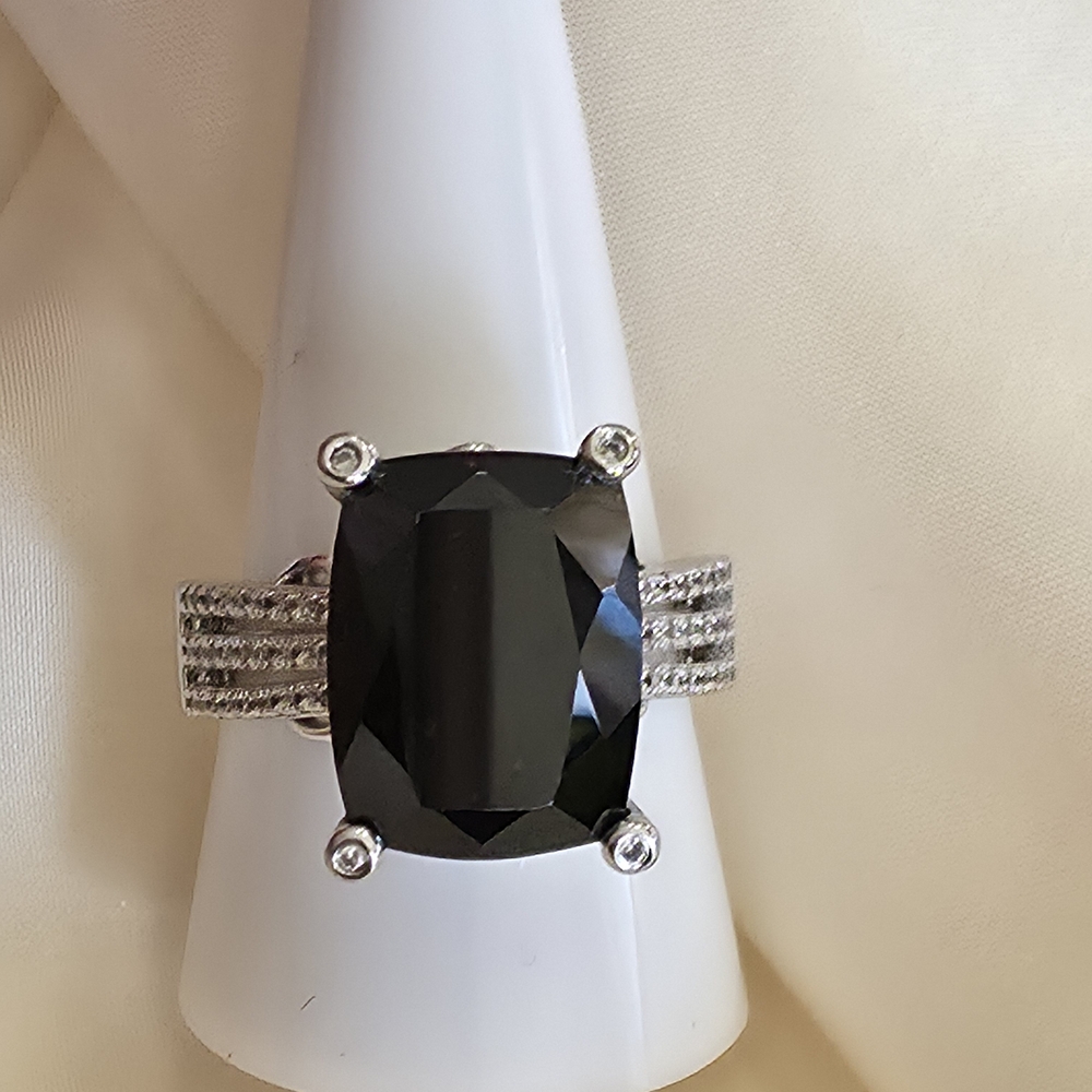 Thai Black Spinel, White Zircon, Sterling Silver Ring Size 10
